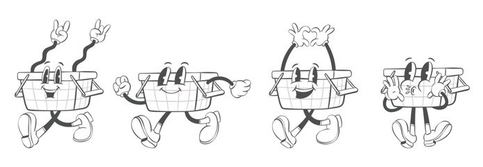 Retro groovy shopping mascot, vintage cartoon shopping cart and bags characters, rubber hose style