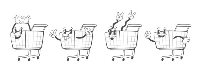Retro groovy shopping mascot, vintage cartoon shopping cart and bags characters, rubber hose style © Anastasiya