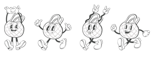 Retro groovy shopping mascot, vintage cartoon shopping cart and bags characters, rubber hose style