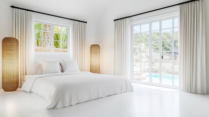 Fototapeta premium Bright and airy bedroom with minimalist design and pool view in a serene location