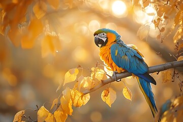 Radiant Macaw Portrait Vibrant Blue and Gold Parrot on Branch in Autumnal Light