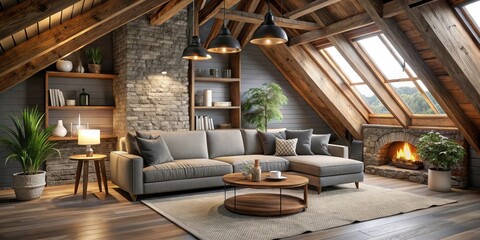 Fototapeta premium Cozy grey attic living room with a plush sofa and floor lamps, surrounded by wooden beams and natural stone fireplace , wood, grey