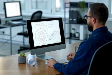 Technician making digital engineering drawing on computer at desk in office, back view