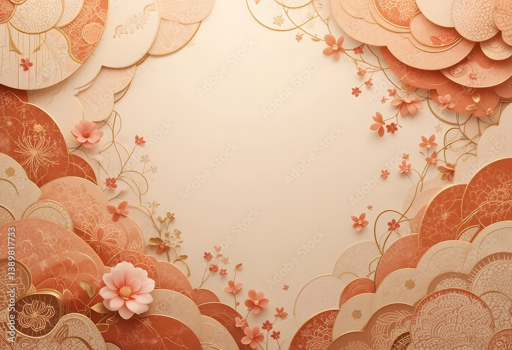 Poster abstract design with warm tones, featuring delicate floral elements and geometric patterns. cream an