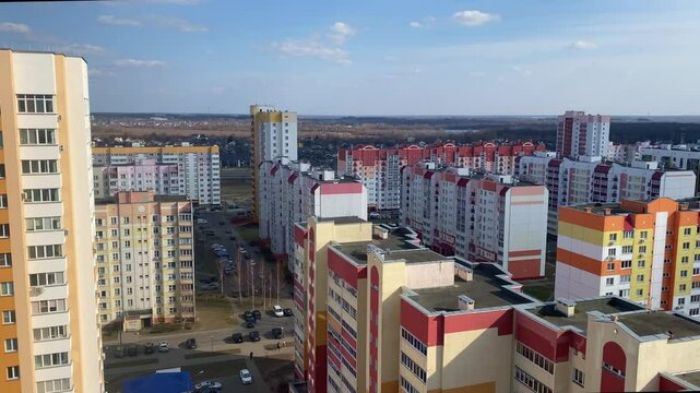 Typical residential area with new high-rise buildings. View from above. Sunny spring day.