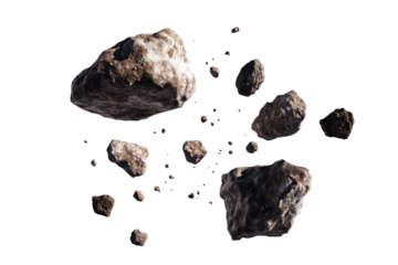 Dark asteroids falling against white background cosmic debris field space rocks digital art