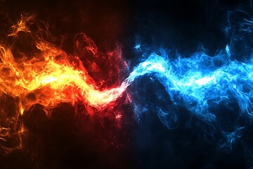 Abstract Fire and Ice Clash Background Swirling Energy, Dark Backdrop, Dynamic Flow