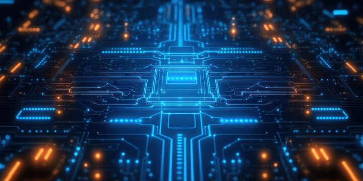 Futuristic Digital Circuit Board with Glowing Neon Blue Lights in Cyberpunk Art Style and High-Tech Atmosphere