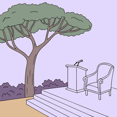 Vector minimalist illustration featuring an empty podium and an armchair beneath a tree, set against a calming pastel backdrop, evoking contemplation and serenity. Isolate on clean background,