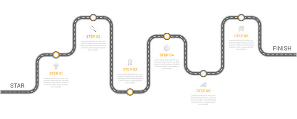 Infographic roadmap design template. Business Timeline of 6 Important Business Events annual business presentation. Vector illustration