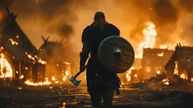 Viking warrior walks through a burning village after fierce battle during medieval times