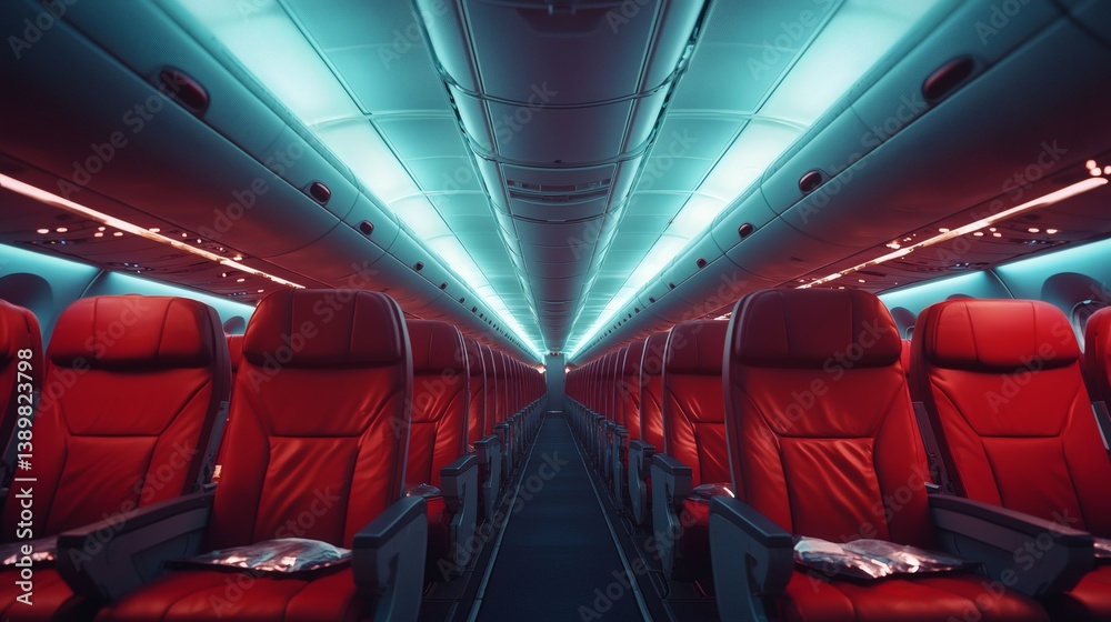 Poster red-eye flight vibes empty aisle soft glow from floor lights cozy nighttime feel airplane silence st