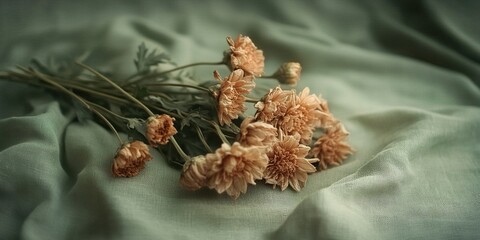 Vintage-Inspired Dried Chrysanthemum Bouquet on Light Green Linen Texture. Abstract Marketing Background with Copy Space for Creative Design. Retro Floral Element for Posters, Banners, and AI-Generate