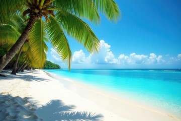Vibrant blue water sparkles against the white sand of Malcapuya, shaded by swaying palm fronds , turquoise, sky, scenic