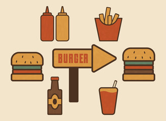 Retro-style fast food icon set with vegan and meat burgers, fries, soda, sauces, and a burger sign. Flat minimal design with vintage colors and bold outlines on light background.
