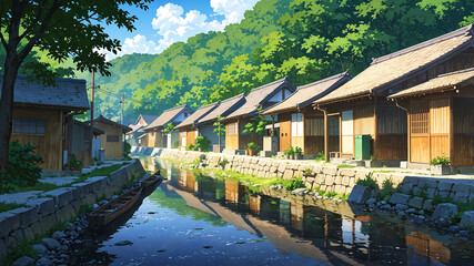 Fototapeta premium Anime-style scene of a peaceful village with traditional Japanese houses and a serene river