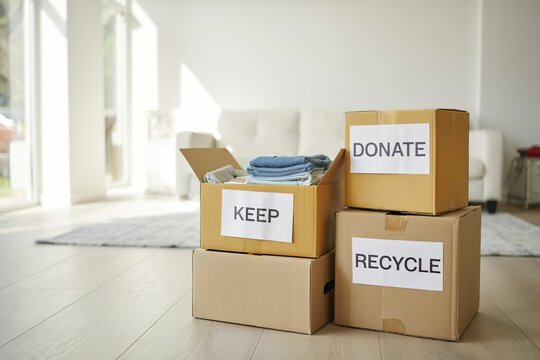 Cardboard box with label sort keep donate recycle. Home declutter cleaning