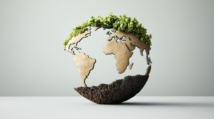 A 3D Rende of a Partially Dissected Earth Globe Showcasing Rich Soil Beneath a Tan Surface and Crowning Lush Green Vegetation Above It All