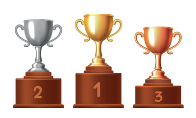 Gold, silver and bronze cups. Vector 3D illustration isolated on white background.