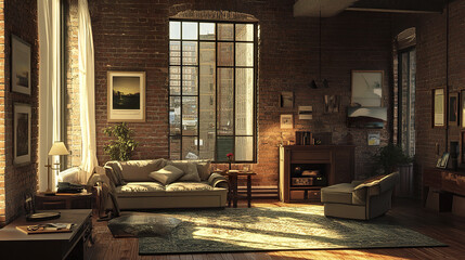 cozy urban loft with exposed brick walls and soft evening light
