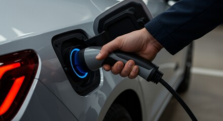 Charging Electric Car a Modern Man Connects Charger for Sustainable Transport