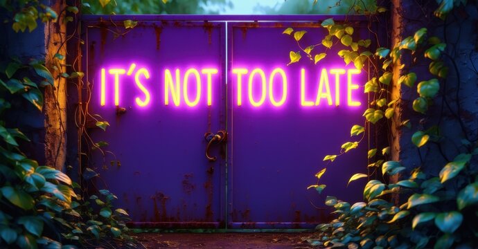 Naklejki Violet and gold neon phrase it s not too late in bold letters glowing beside rusted metal gate in overgrown garden with wind rustling leaves