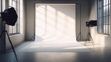 Empty photo studio with white backdrop. Sunlight casts shadows on backdrop, floor. Modern interior design with neutral color palette. Empty space ideal for product photography creative projects.