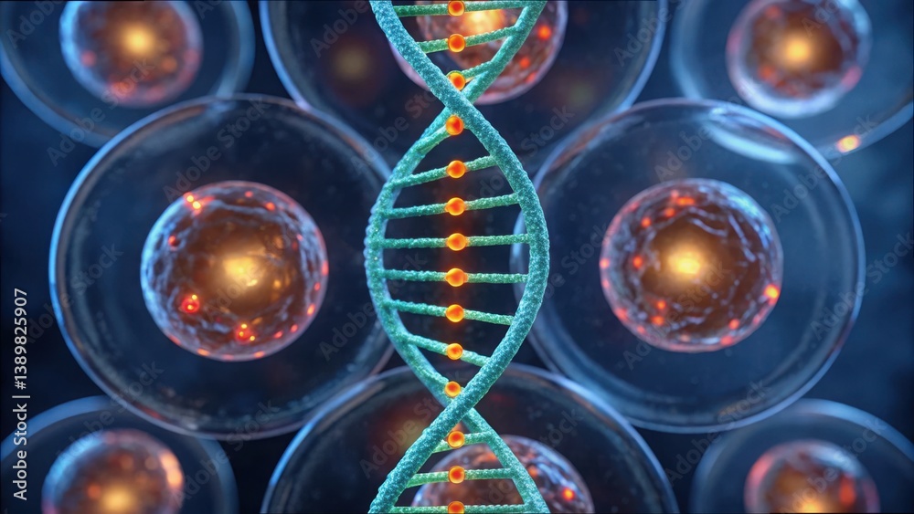 Poster detailed visualization of dna helix emitting signals in bio cells