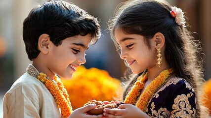 A sister ties a rakhi on her brother wrist during Raksha Bandhan, symbolizing love, protection, and sibling bonding in Indian tradition. High quality 4k footage