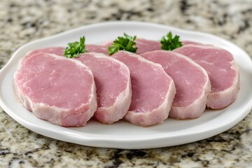 Fototapeta premium Fresh Raw Pork Chops Slices on White Plate
