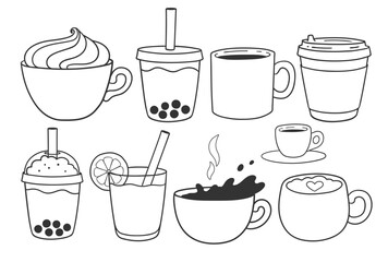 Vector line art illustration of various coffee, tea, and juice cups, including bubble tea and espresso.