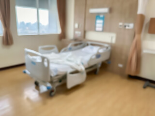 Blur image of Hospital bed in a luxurious and modern patient room. The atmosphere is clear and you can see the surrounding view