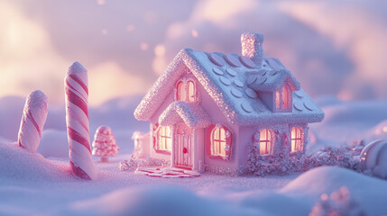Naklejka premium Whimsical candy colored house with peppermint columns in snowy landscape