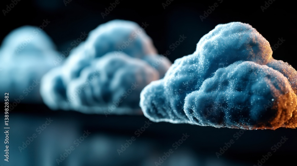 Poster abstract 3d rendering of three textured clouds against a dark background, illuminated with warm and 