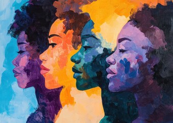 Vibrant portrait of diverse women in colorful abstract art.
