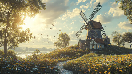 Fototapeta premium charming windmill stands in sunlit Dutch countryside