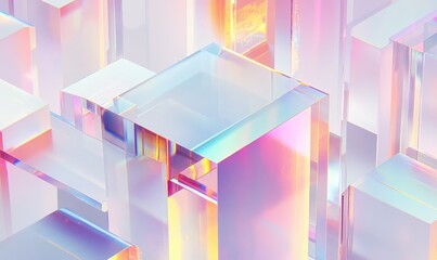 Iridescent glass cubes, abstract city, pastel background, digital art, website banner