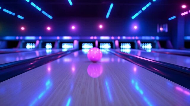 Neon lights illuminate a bowling alley as a purple bowling ball rolls smoothly toward the pins in the evening