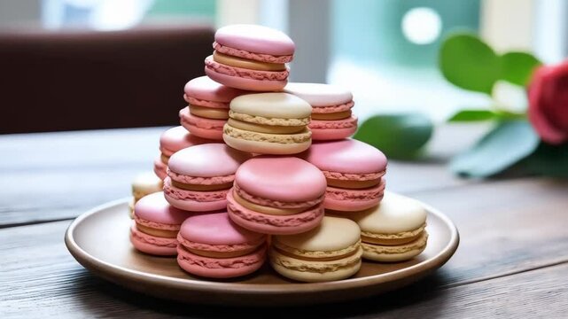 Beautiful stack of colorful macarons on wooden plate. France cookie macaroon.