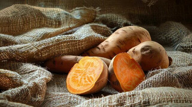 sweet potato on burlap background. selective focus