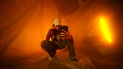 Urban Aesthetic Portrait in Warm Tone Lighting with Modern Streetwear Style