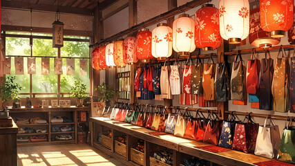 Obraz premium shop set in ancient japanese time in the afternoon. focus on the item on display. anime like. bright and vivid color. soft light. day time.