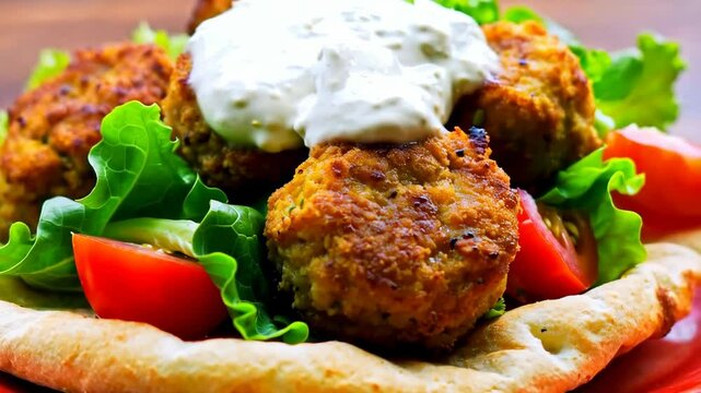 Delicious falafel in pita with fresh vegetables and tzatziki sauce garnish.