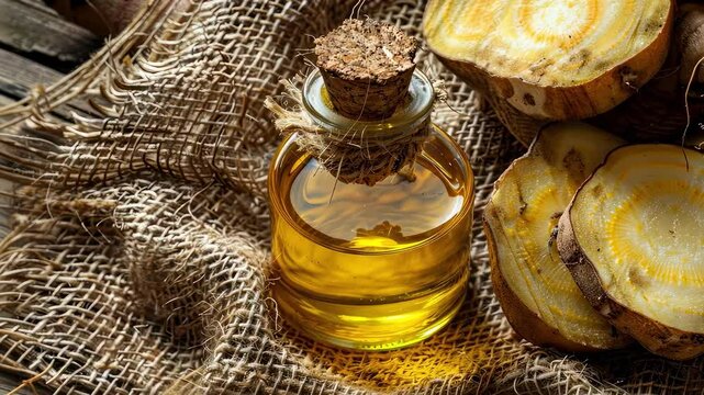 sugar beet essential oil on the background of burlap top view