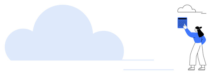 Woman interacting with a cloud, symbolizing digital storage and preservation. Ideal for data management, online storage, technology, innovation, security, remote work, flat simple metaphor