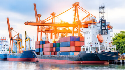 A cargo ship with containers is at the dock, and cranes are unloading goods, showcasing the busy port operations.
