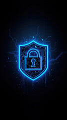 Fototapeta premium Intricate blue digital shield with lock symbol, representing cybersecurity.