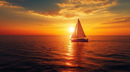 Luxury yacht cruises at sunset. Beautiful seascape. White yacht sails on the ocean. Golden hour. Rich colors of sunset reflect on water. Boat is luxurious and fast. Vacation time. Amazing view