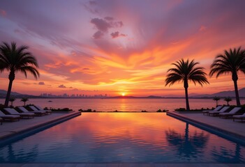 Serene Sunset Getaway, Calming Waters Reflecting Warm Colors. Luxury Poolside Relaxation, A Tropical Evening Vibe. Cityscape Hints At Distant Activity. Perfect For Dreaming, Planning Vacations.