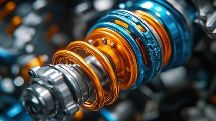 Obraz premium Close-up view of automotive suspension components. Detailed engineering of shock absorbers, springs, and metal parts